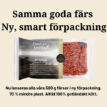 Nu lanseras alla våra 500 g färs-förpackningar i ny förpackning. Den använder 70% mindre plast och innehåller samma goda färs som som alltid är 100% gotländsk. Bilden visar förpackningen